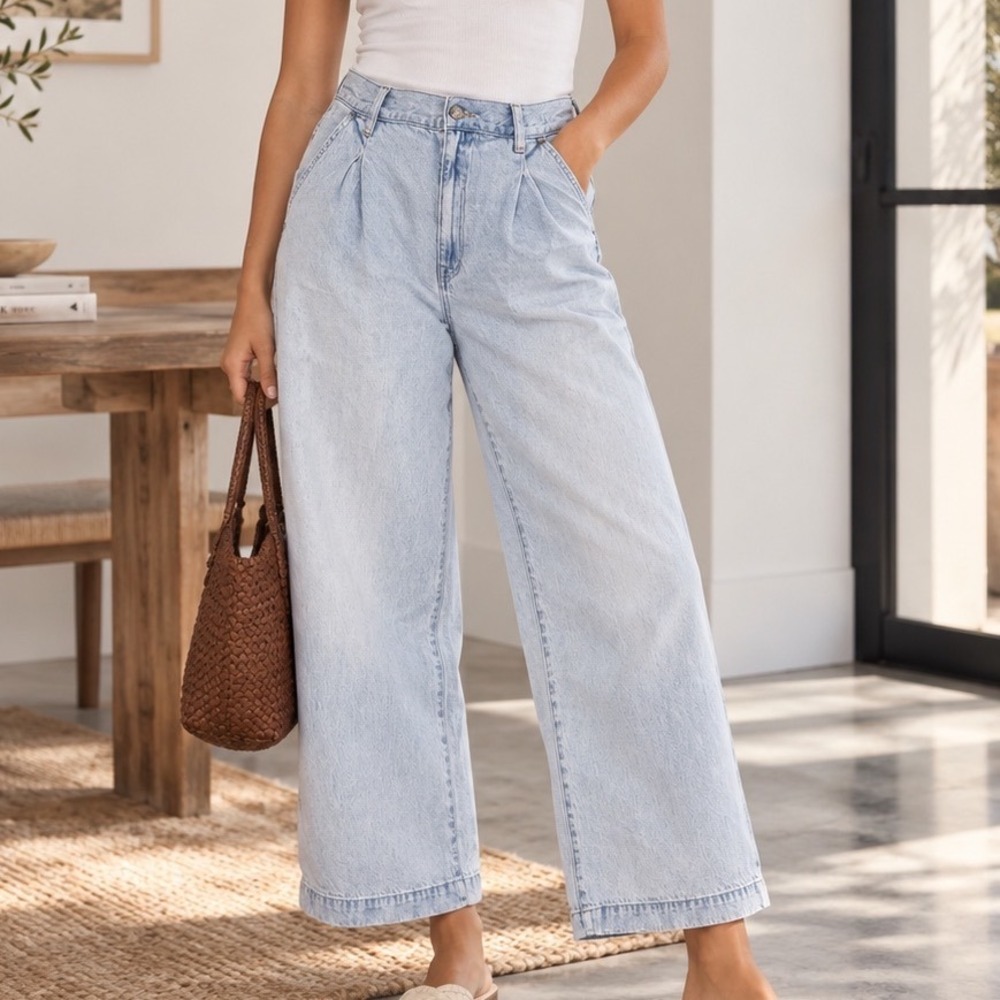 Madewell Harlow Wide-Leg Trouser Jean Light Wash Pleated Denim Size 30 F2